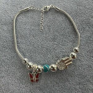 New 925 Italy Sterling  Silver Charm Bracelet with Red and Turquoise Accents